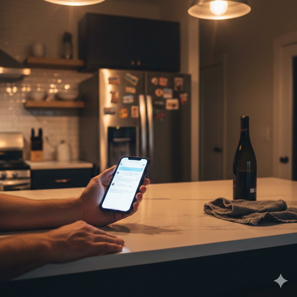 Guest checking their phone while standing in a rental kitchen