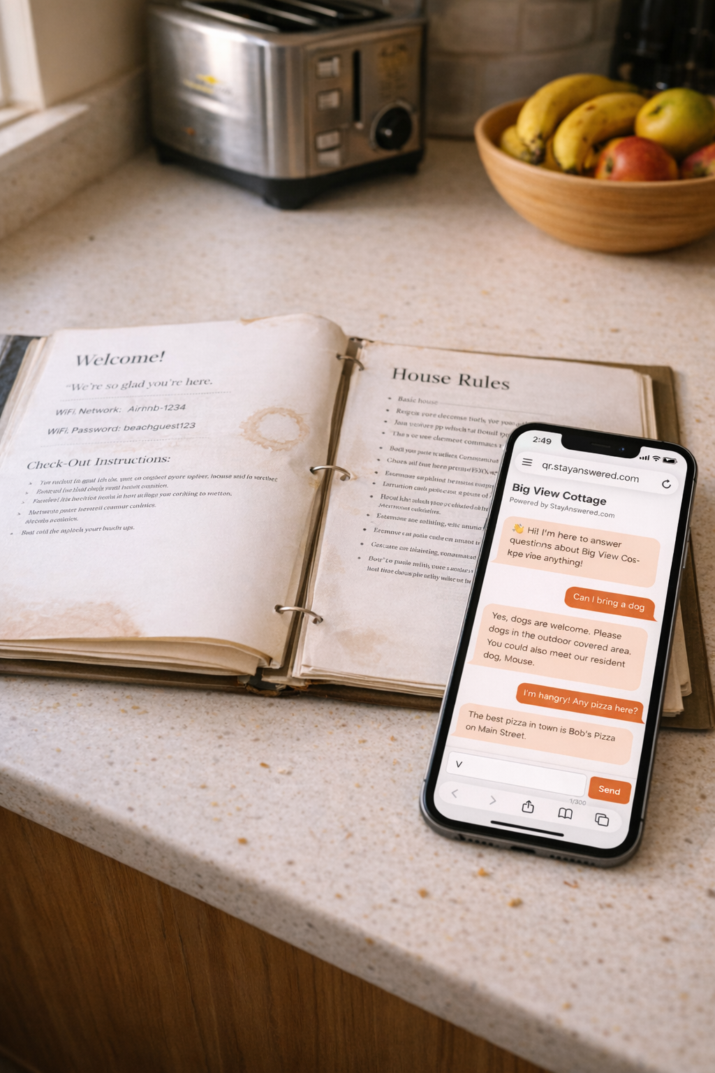 Guest using smartphone to access digital guidebook in vacation rental