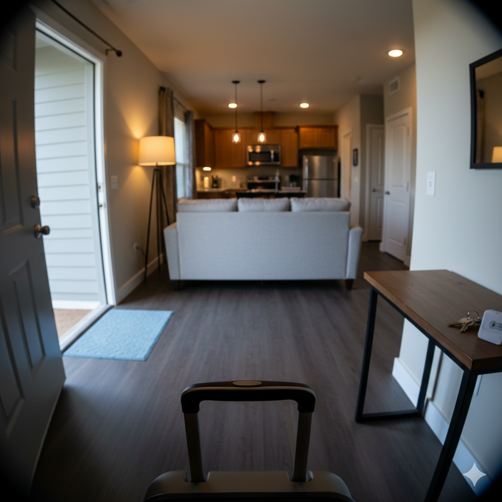 Guest arriving at a vacation rental with luggage, checking their phone