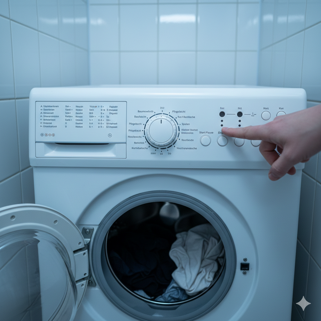 Traveler looking at unfamiliar appliance controls in a rental property