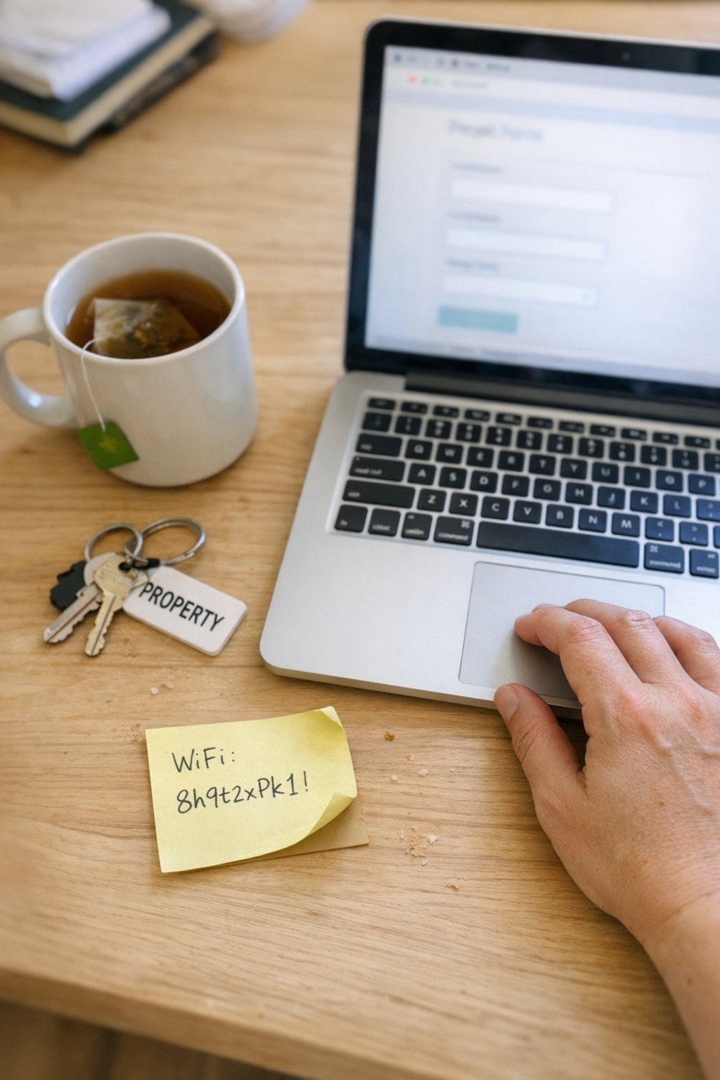 Host setting up property information on a laptop at a kitchen table